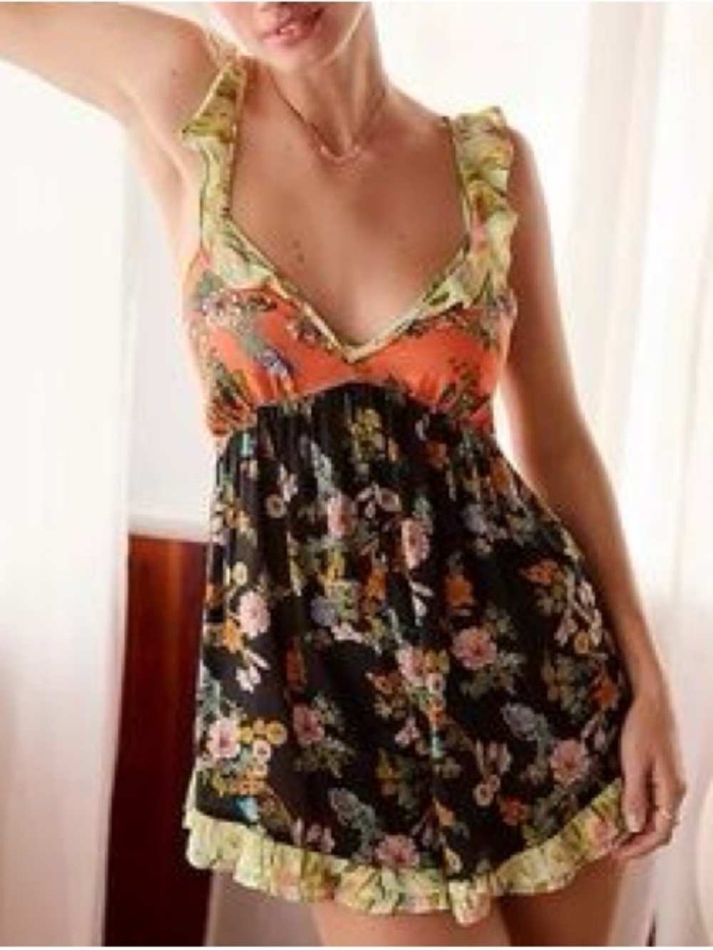 Free People Floral Summer Romper with Orange Black Bodice Small/Medium